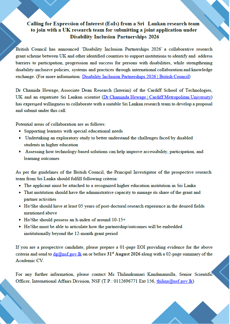Calling for Expression of Interest (EoIs) from a Sri Lankan research team to join with a UK research team for submitting a joint application under Disability Inclusion Partnerships 2026