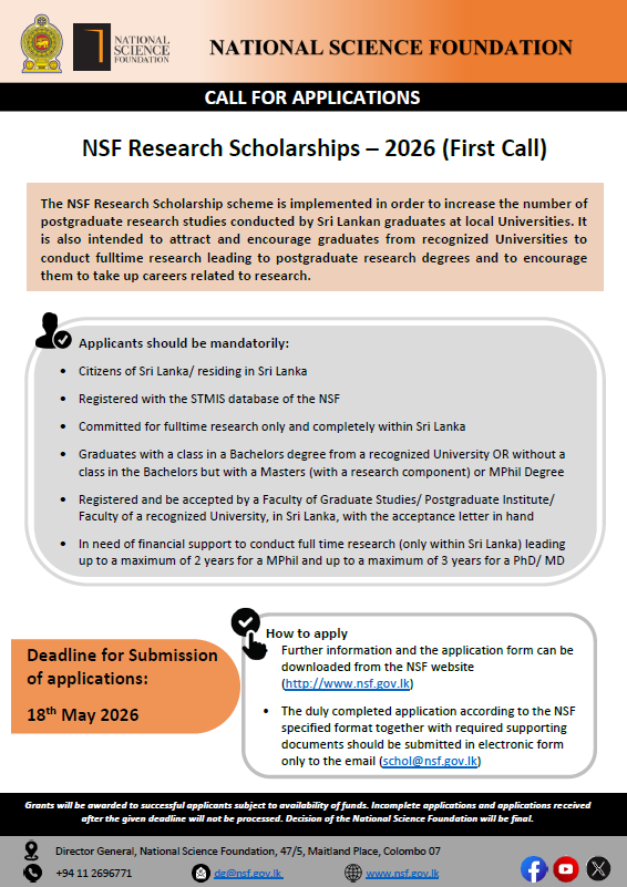 Call for Applications – NSF Research Scholarships – 2026 (First Call)